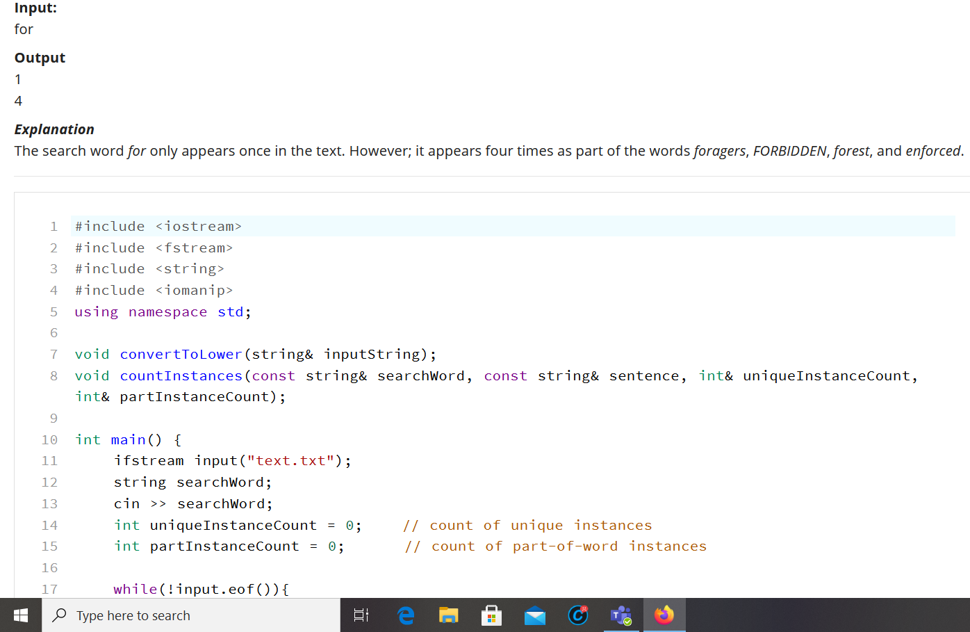 void countInstances(const string& searchWord, const string& sentence, int& uniqueInstanceCount, int& partInstanceCount); int