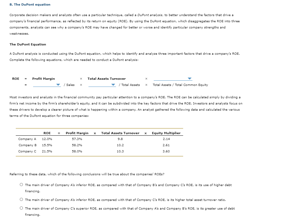 please your help and explanation would be appreciated! 8. The DuPont equation
