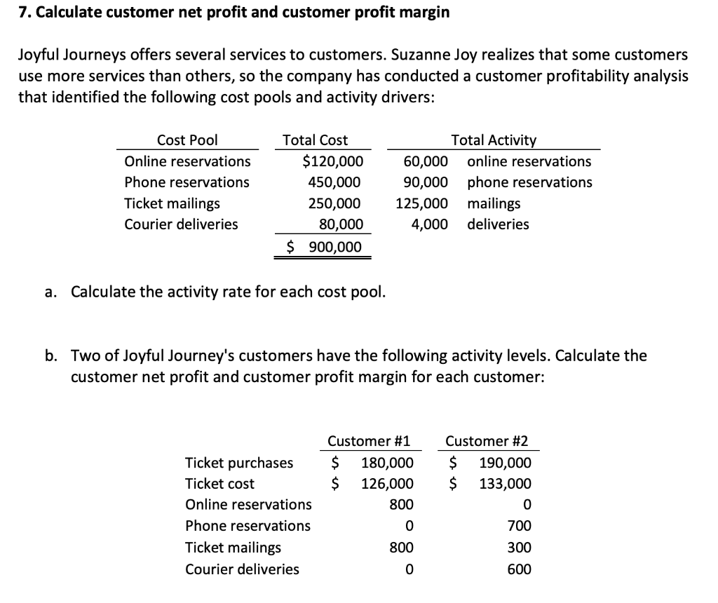  Please Show All Steps with explanations 7. Calculate customer net profit