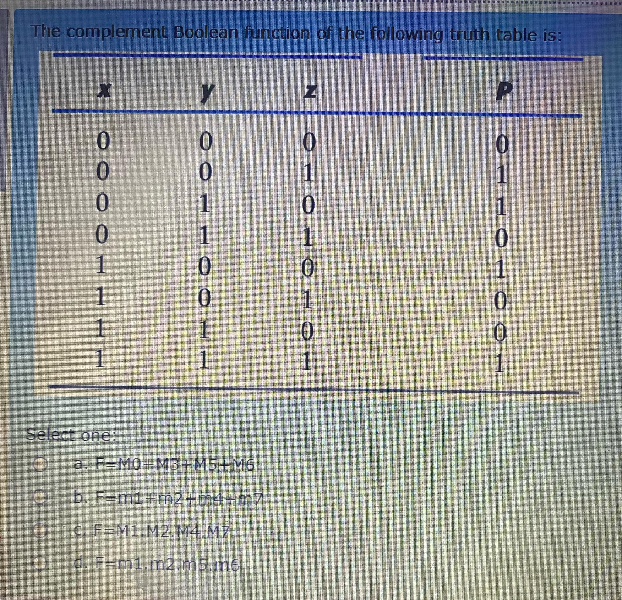  The complement Boolean function of the following truth table is: \table[[x,y,z,P