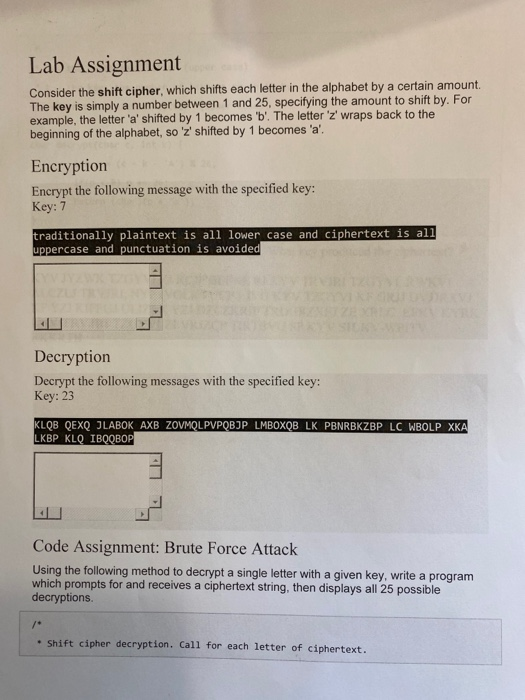  Lab Assignment Consider the shift cipher, which shifts each letter in