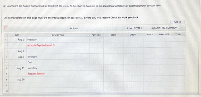  (2) Joumalize the August transactions for Beartooth Co. Refer to the