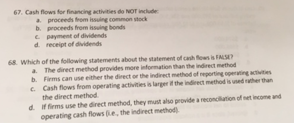 67. Cash flows for financing activities do NOT include: a. proceeds