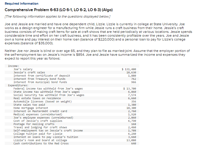 Requlred Information Comprehensive Problem 6-63 (LO 6-1, LO 6-2, LO 6-3)