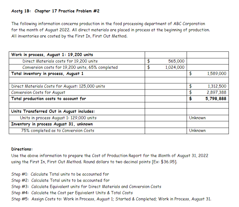  Acctg 1B: Chapter 17 Practice Problem \#2 The following information concerns