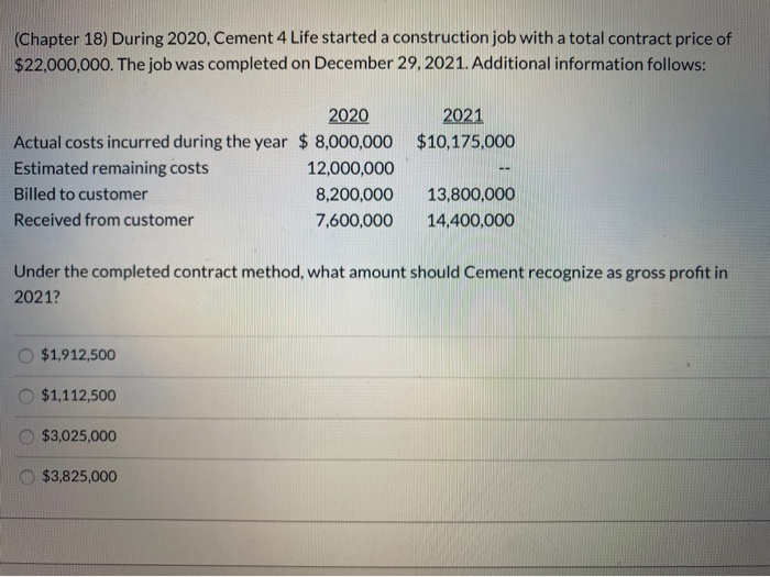  (Chapter 18) During 2020, Cement 4 Life started a construction job