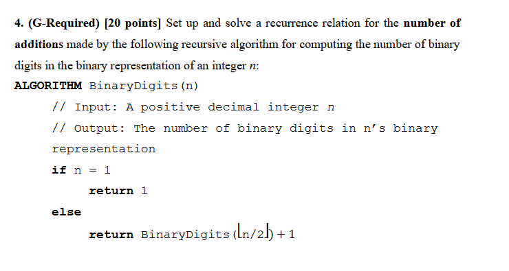  4. (G-Required) [20 points] Set up and solve a recurrence relation