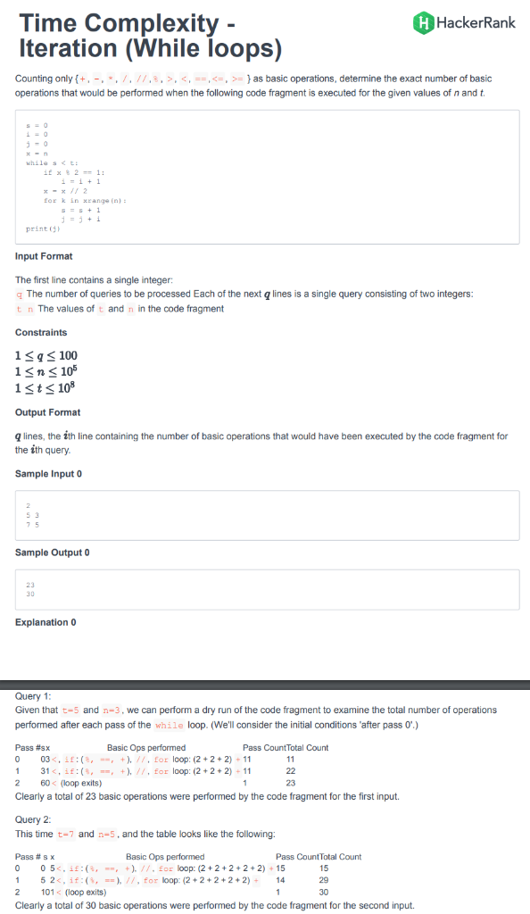  HHackerRank Time Complexity Iteration (While loops) Counting only+,,1I8,,as basic operations, determine