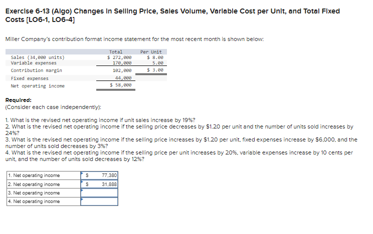  Exerclse 6-13(Algo) Changes In Selling Price, Sales Volume, Varlable Cost per