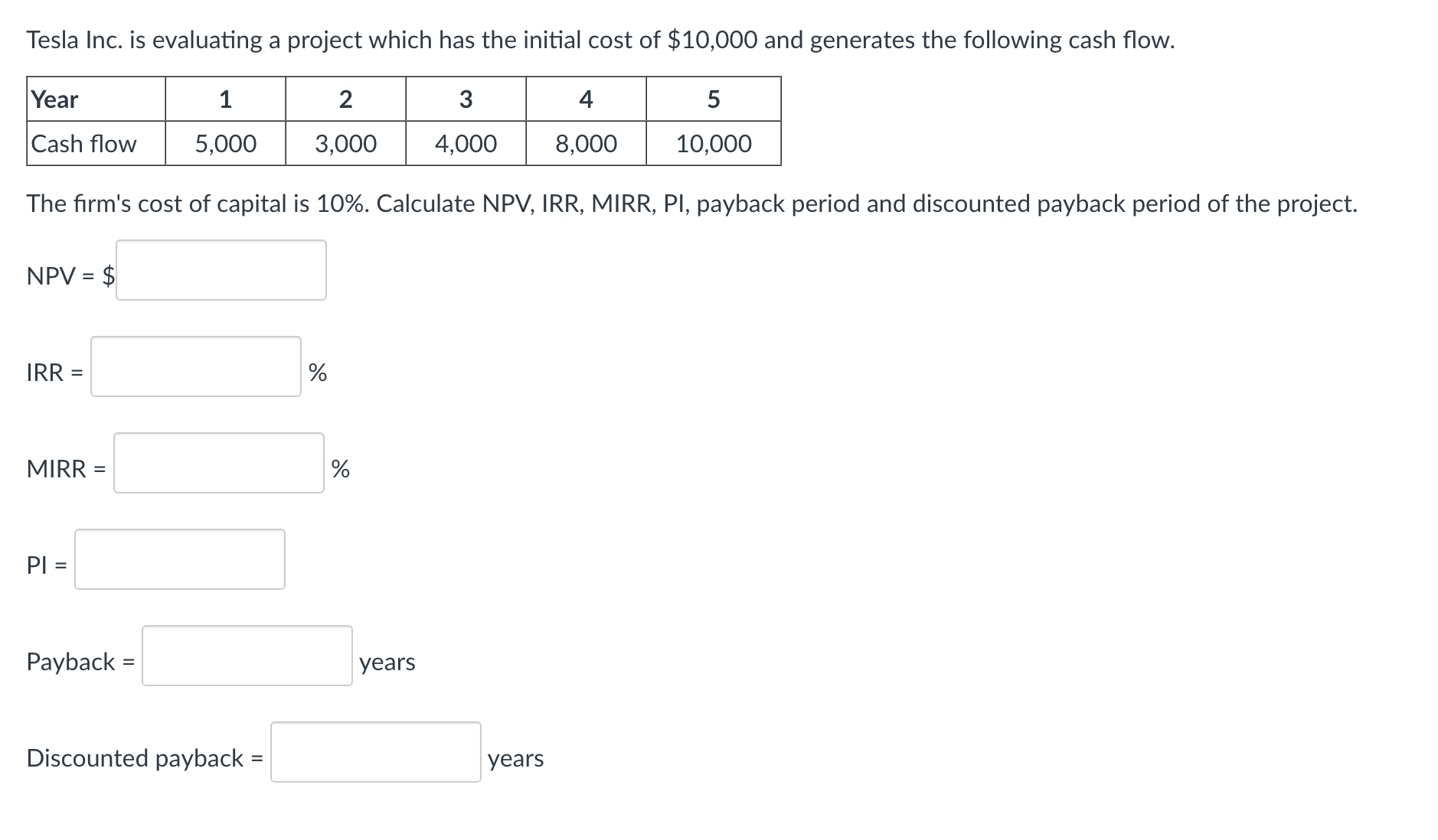  Tesla Inc. is evaluating a project which has the initial cost
