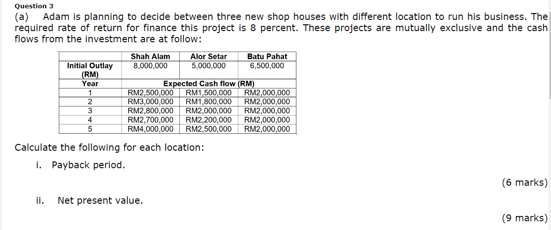  Question 3 (a) Adam is planning to decide between three new