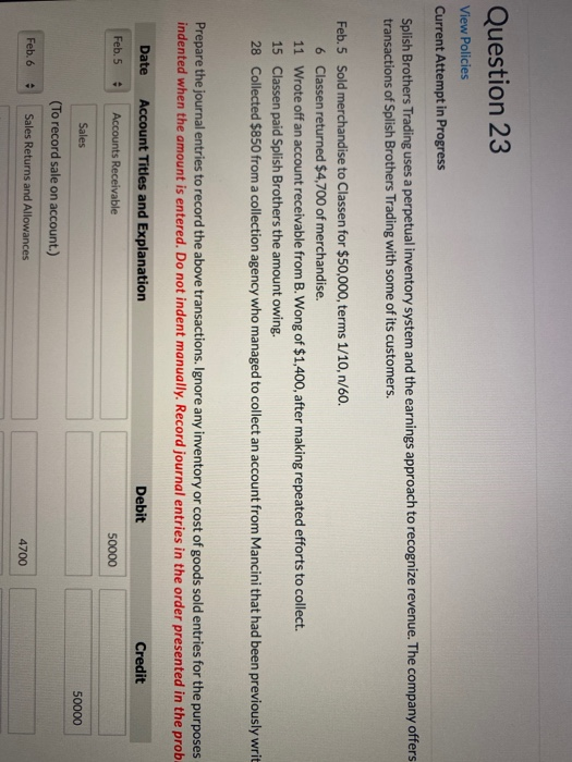  Question 23 View Policies Current Attempt in Progress Splish Brothers Trading