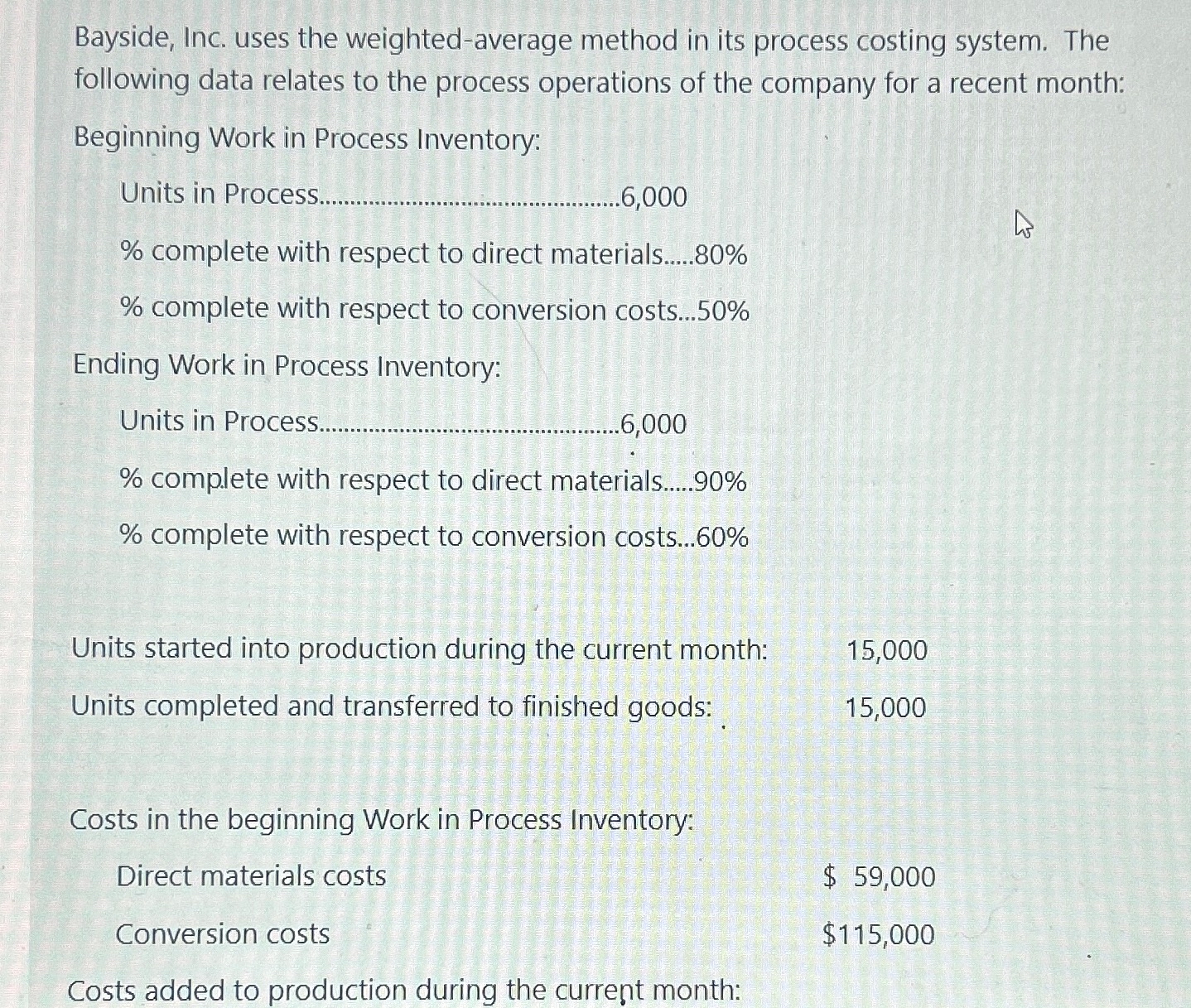  Bayside, Inc. uses the weighted-average method in its process costing system.