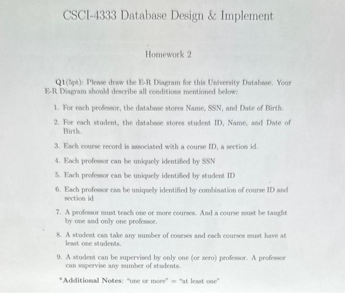 please DRAW the E-R Diagram CSCI-4333 Database Design \& Implement Homework 2