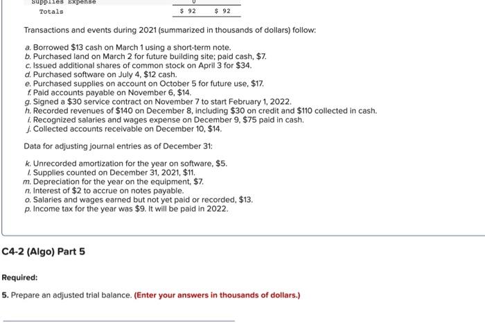 thousands of dollars.) (1) Required information Transactions and events during 2021 (summarized