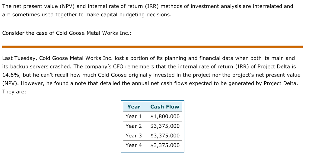The net present value (NPV) and internal rate of return (IRR)
