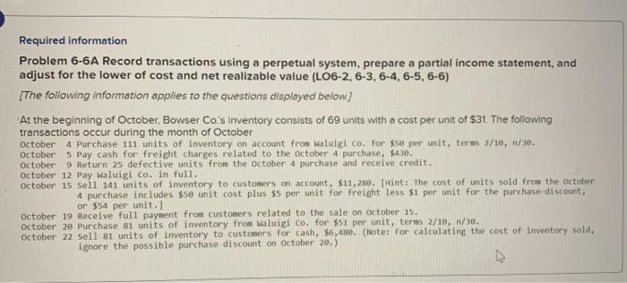  Required information Problem 6-6A Record transactions using a perpetual system, prepare