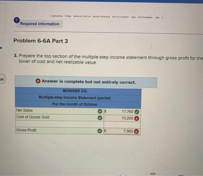 a partial income statement, and adjust for the lower of cost and