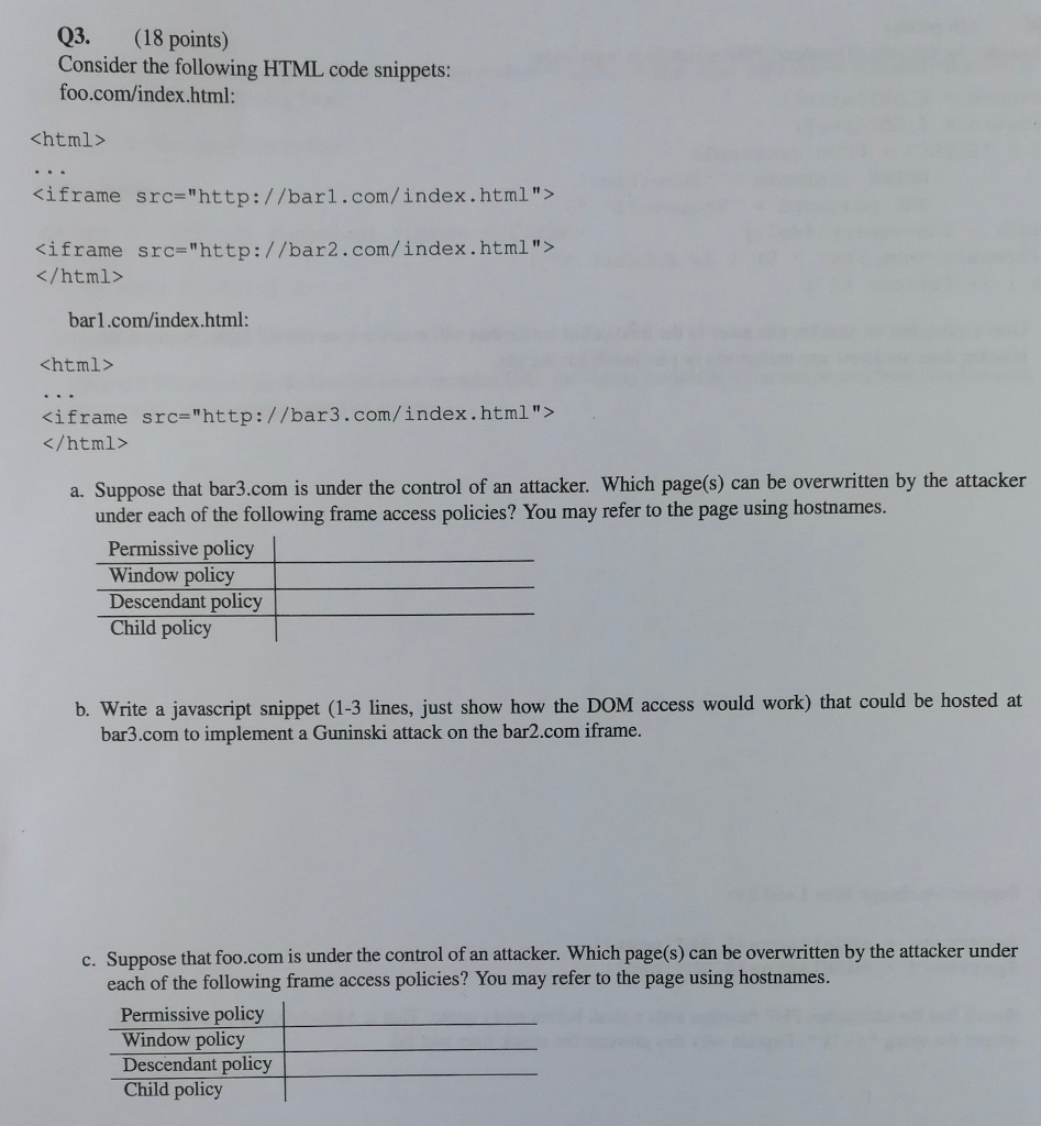 Q3. (18 points) Consider the following HTML code snippets: foo.com/index.html: bar1.com/index.html:
