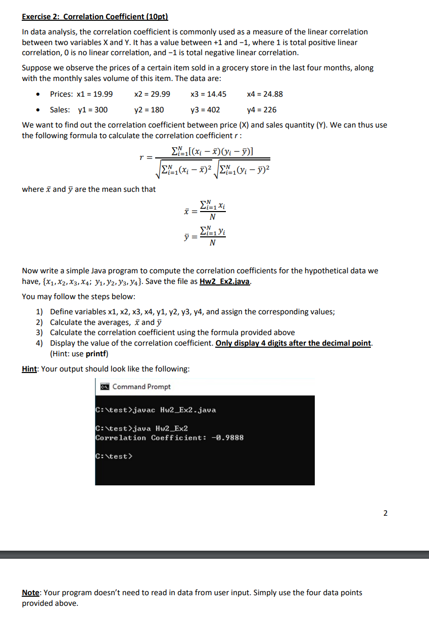  Exercise 2: Correlation Coefficient (10pt) In data analysis, the correlation coefficient