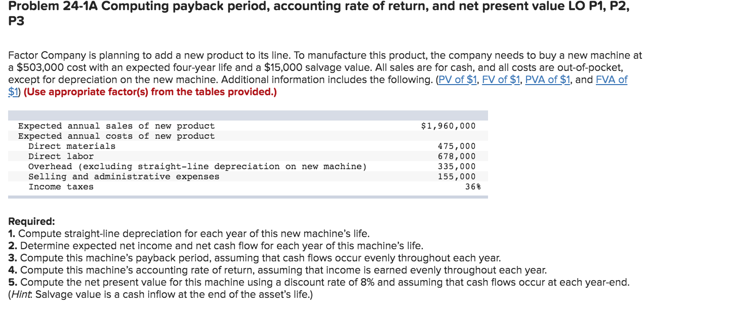 Problem 24-1A Computing payback period, accounting rate of return, and net