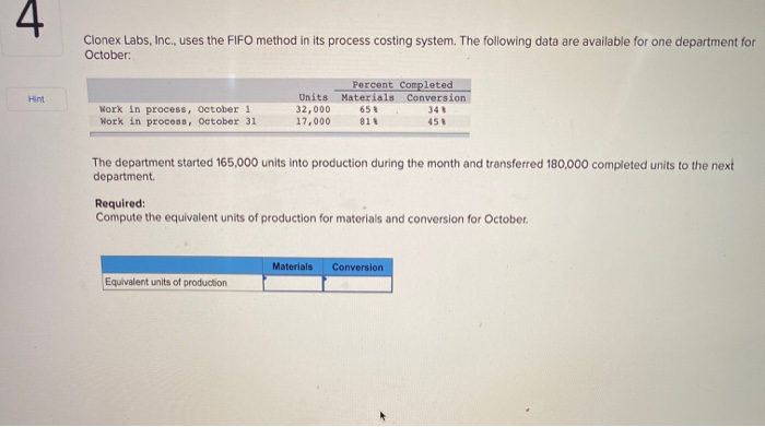  4 Clonex Labs, Inc., uses the FIFO method in its process