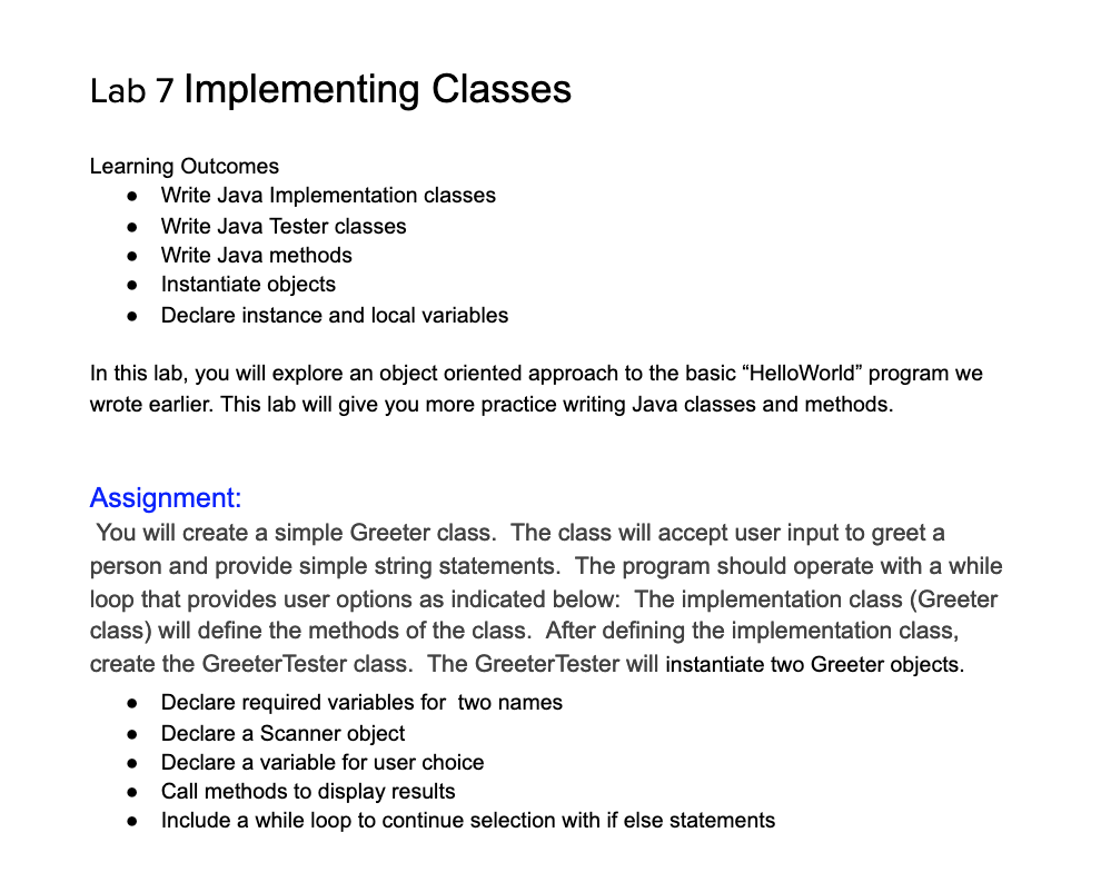  Lab 7 Implementing Classes Learning Outcomes Write Java Implementation classes .