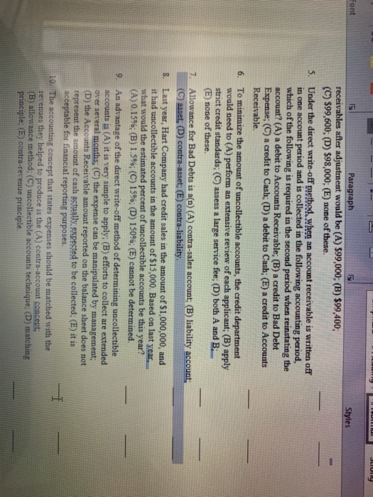  SLUI ront Styles | Paragraph receivables after adjustment would be (A)