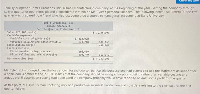 I could use serious help solving this question Tami Tyler opened Tami's