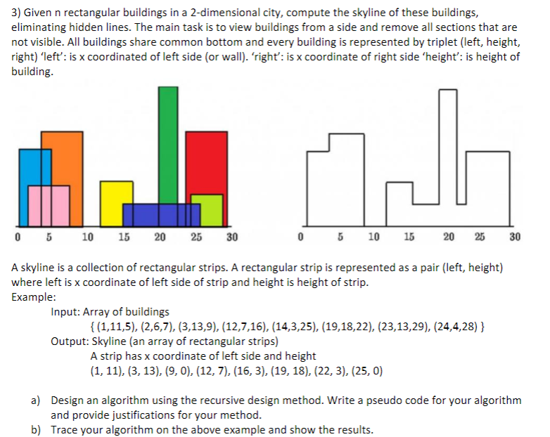  3) Given n rectangular buildings in a 2-dimensional city, compute the