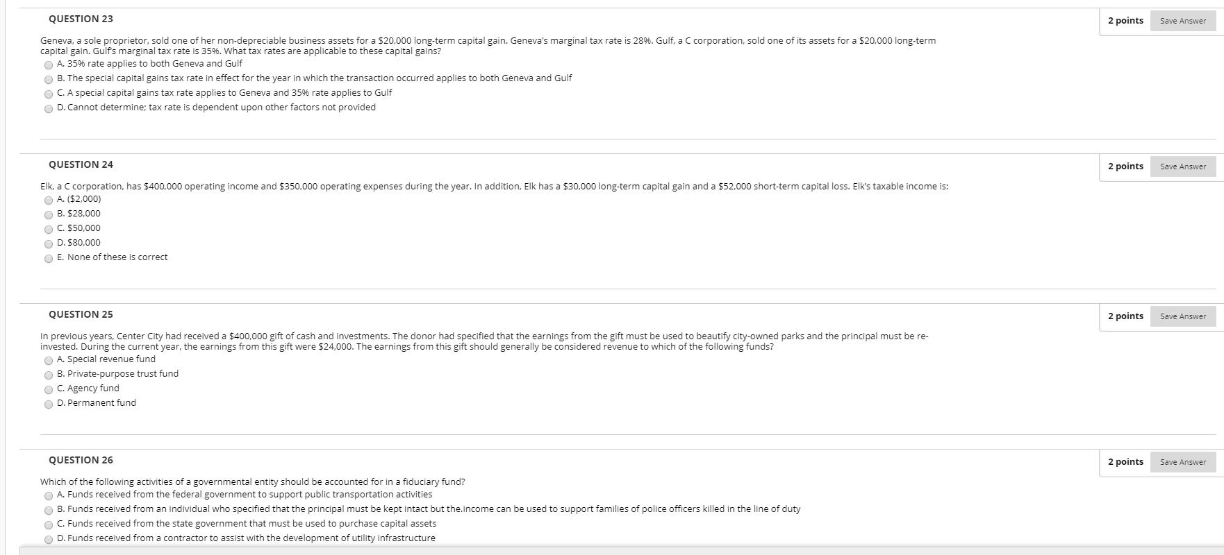 QUESTION 23 2 points Save Answer Geneva, a sole proprietor, sold