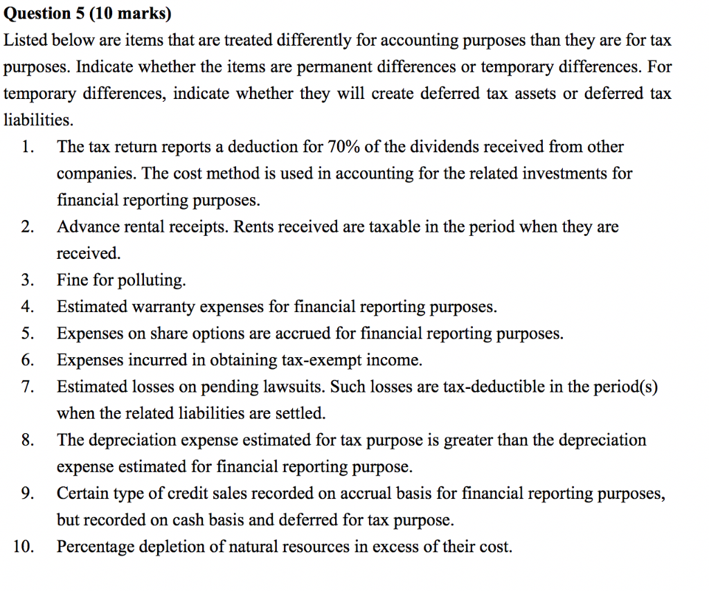 Question 5 (10 marks) Listed below are items that are treated