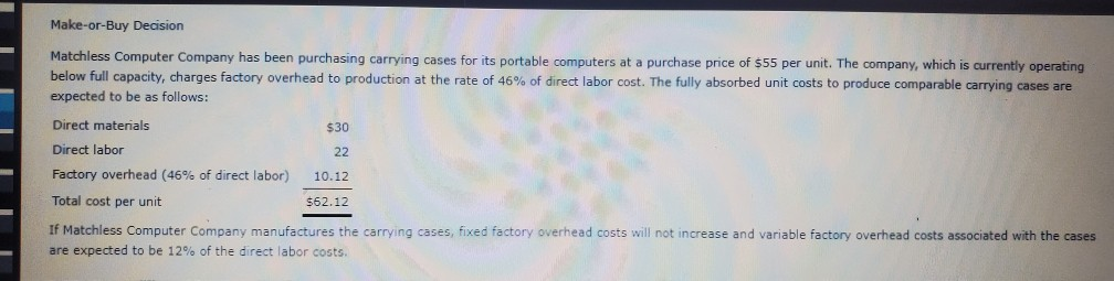  Make-or-Buy Decision Matchless Computer Company has been purchasing carrying cases for