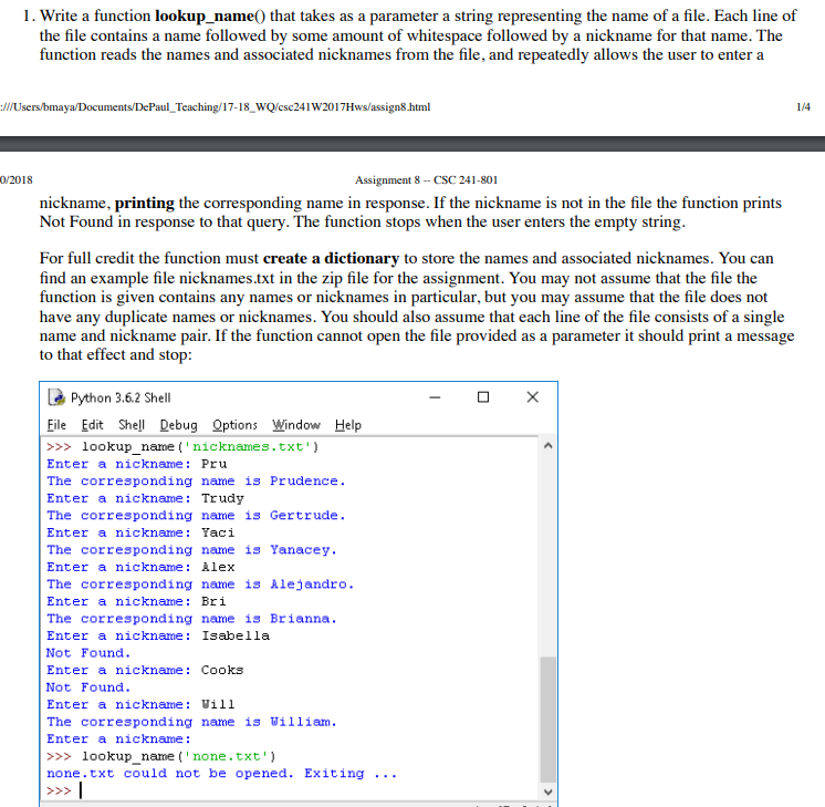  In python plz 1. Write a function lookup name0 that takes
