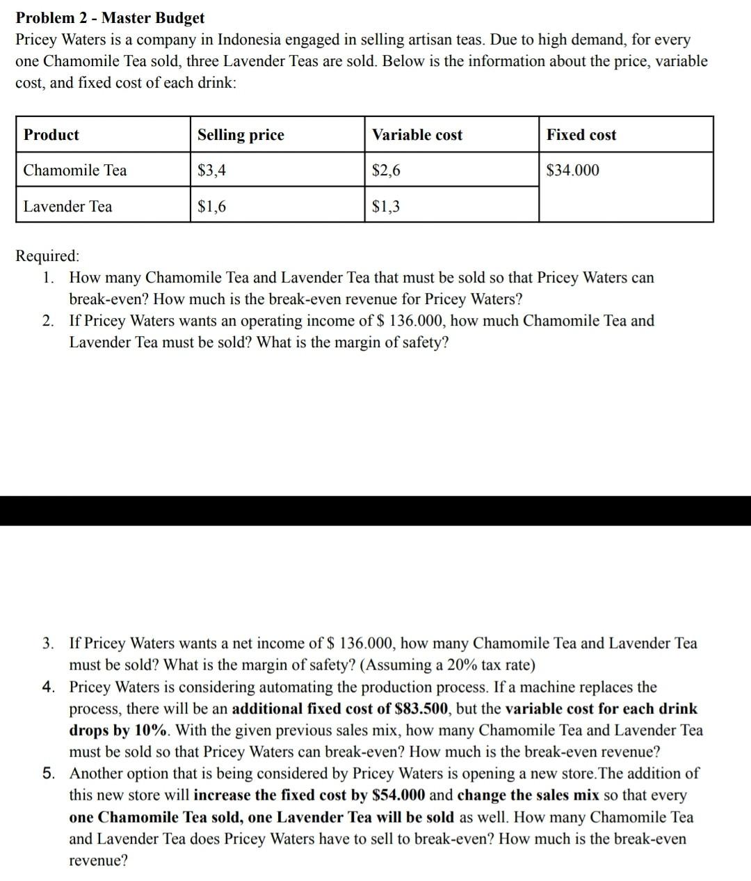  please answer this Problem 2 - Master Budget Pricey Waters is