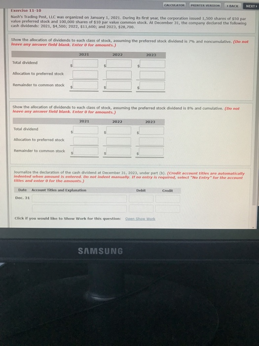  CALOULATOR PRINTER VERSION 4 BACK NEXT Exercise 11-10 Nash's Trading Post,