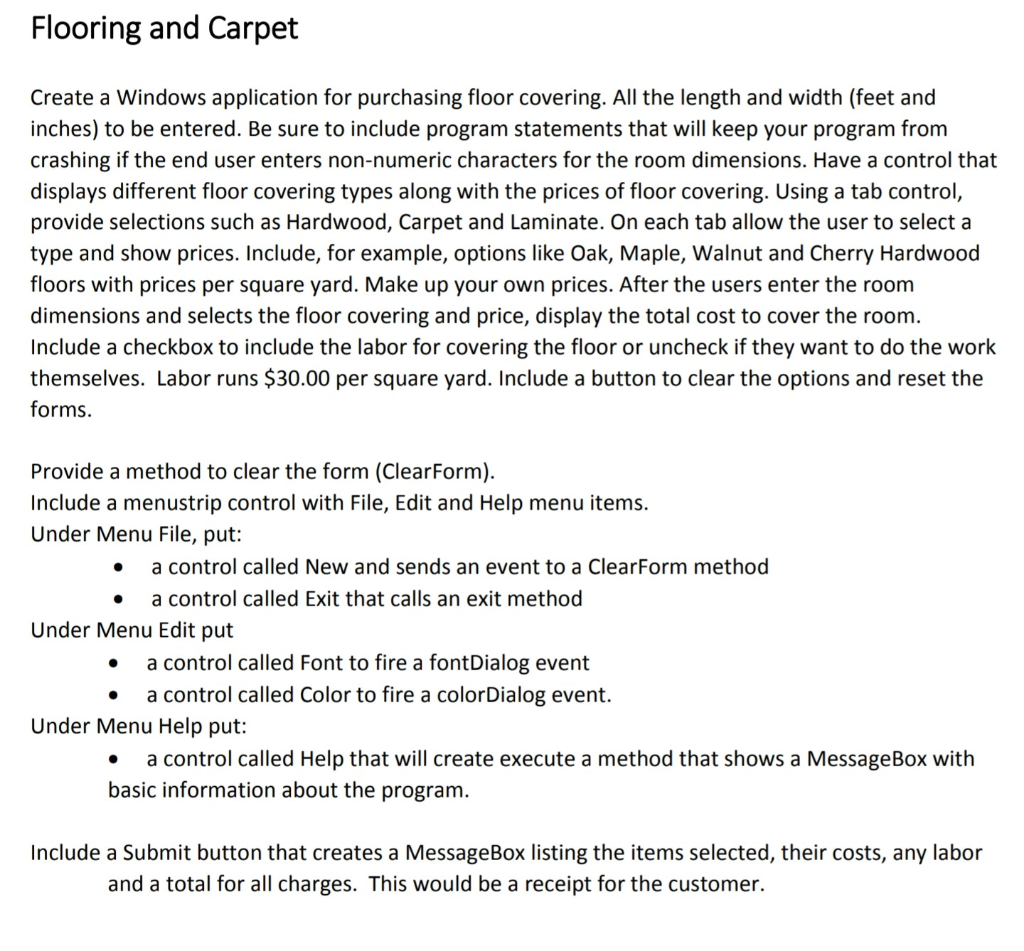In C#: Flooring and Carpet Create a Windows application for purchasing floor