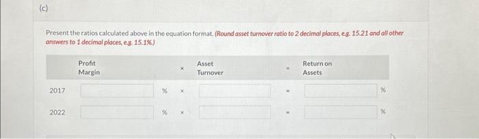  Present the ratios calculated above in the equation format. (Round asset