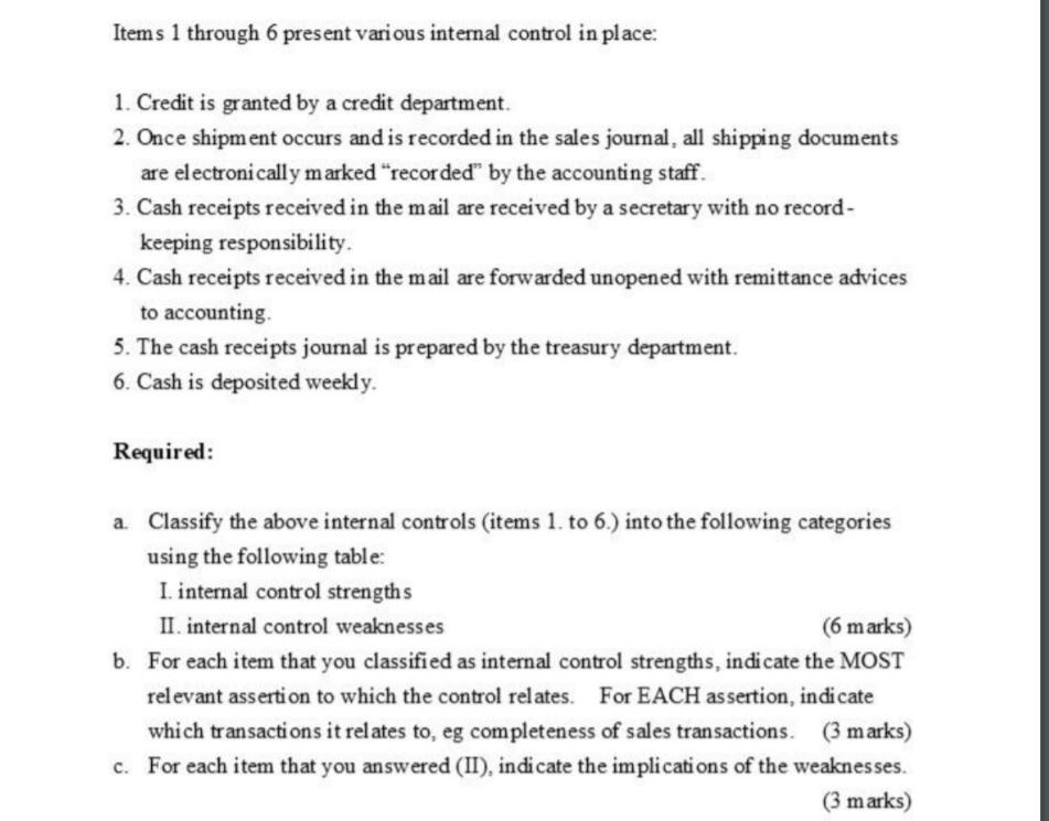  Items 1 through 6 present various internal control in place: 1.