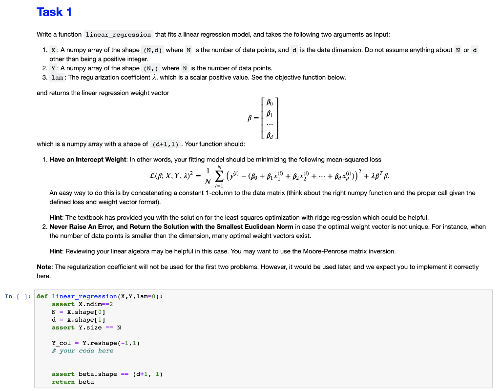 Rewrite the function linear_regression that [does the instructions in the image below],