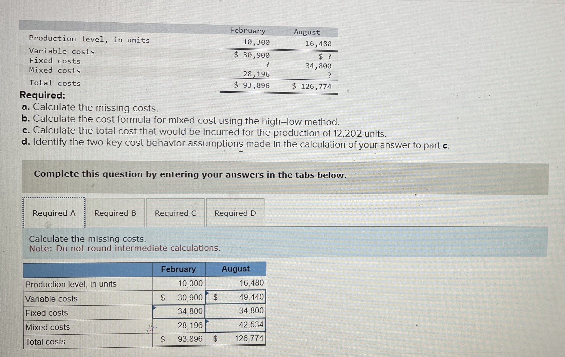  Production level, in units Variable costs Fixed costs Mixed costs Total