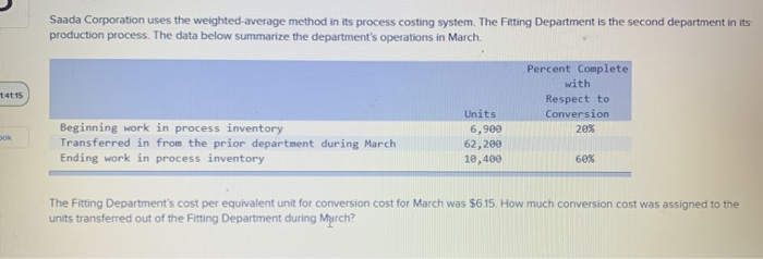  Saada Corporation uses the weighted-average method in its process costing system.