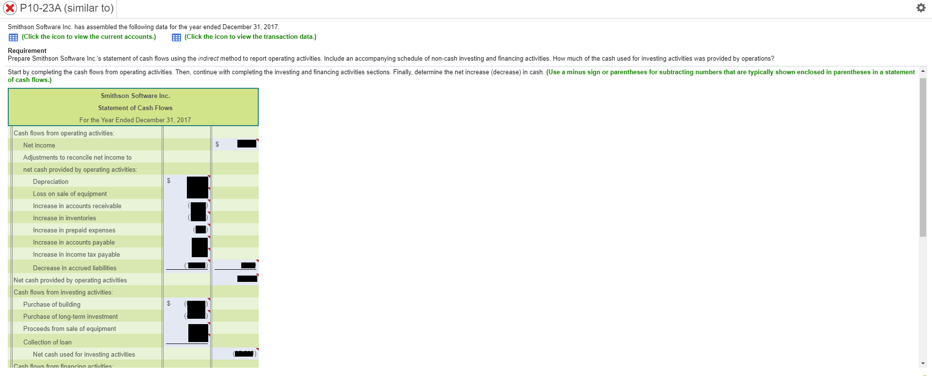 Solve the table with the data provided in last picture X P10-23A