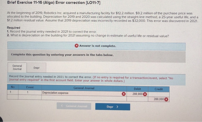  Brief Exercise 11-16 (Algo) Error correction (LO11-7) At the beginning of