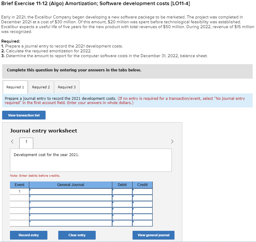 Brief Exercise 11-12 (Algo) Amortization; Software development costs [LO11-4) Early in