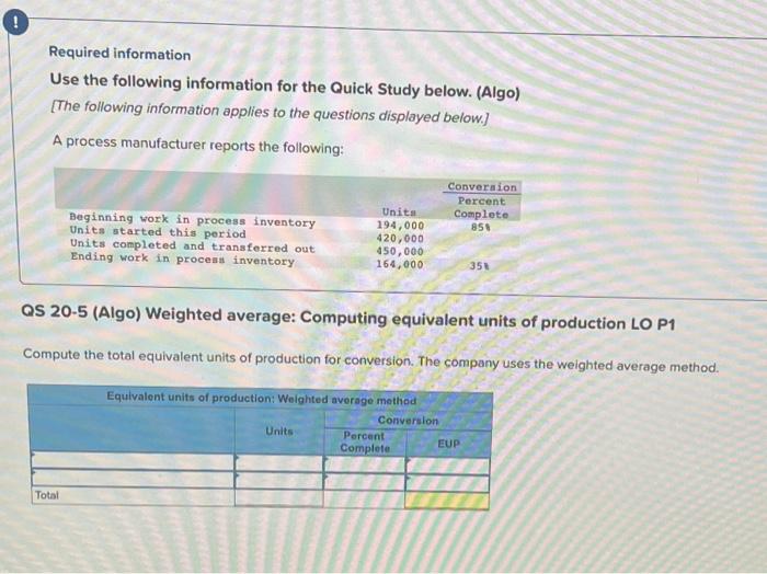  Required information Use the following information for the Quick Study below.