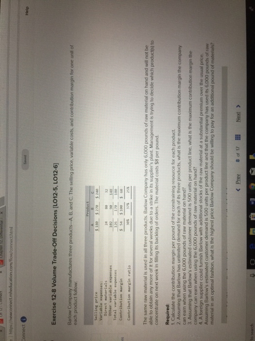  Barlow Company manufactures three products https htm Help Exercise 12-8 Volume