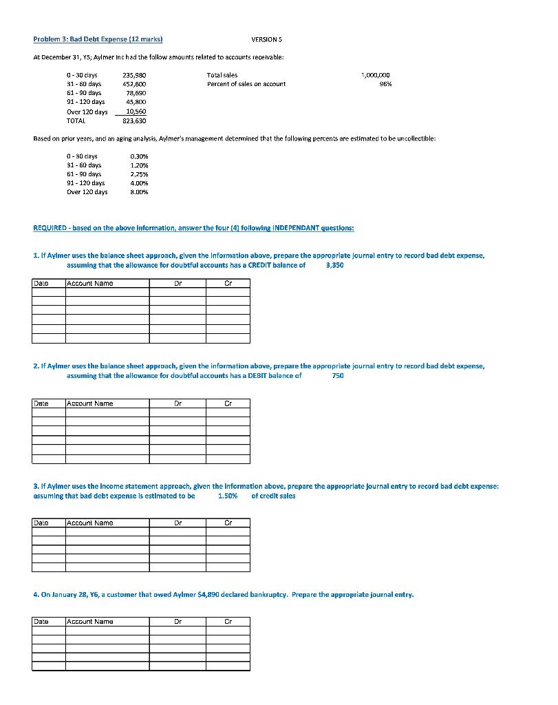  Problem 3: Bad Debt Expense (12 marks) VERSION 5 At December