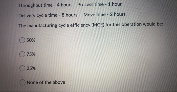  Throughput time - 4 hours Process time - 1 hour Delivery