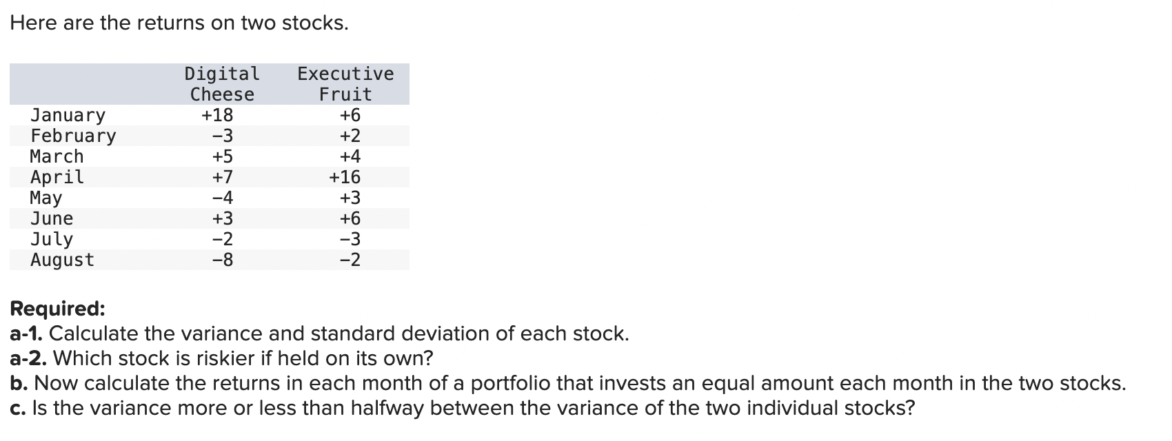  Here are the returns on two stocks. Required: a-1. Calculate the